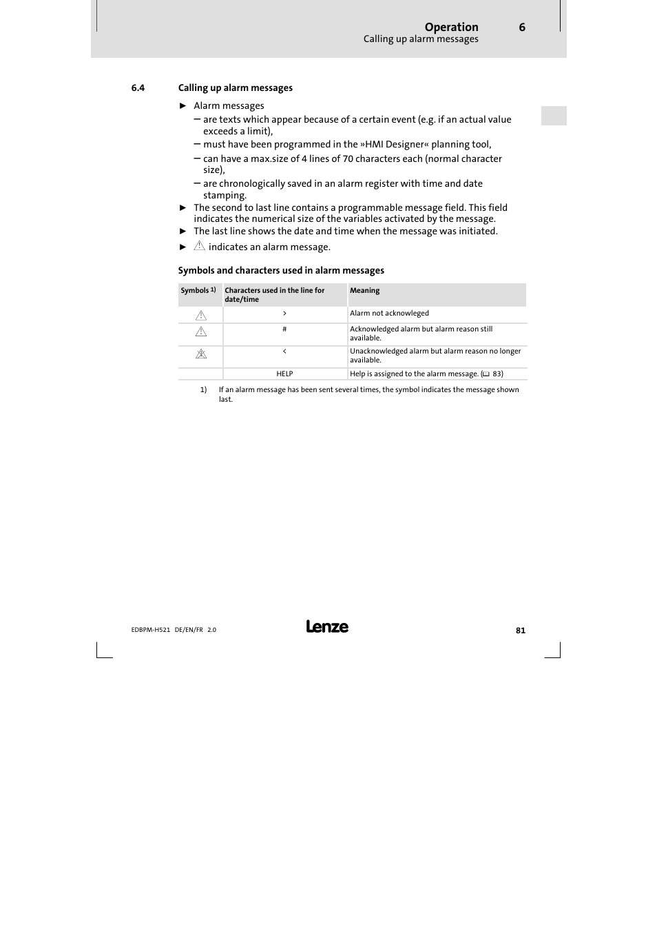 4 calling up alarm messages, Calling up alarm messages, Operation | Lenze EPM-H521 User Manual | Page 81 / 136