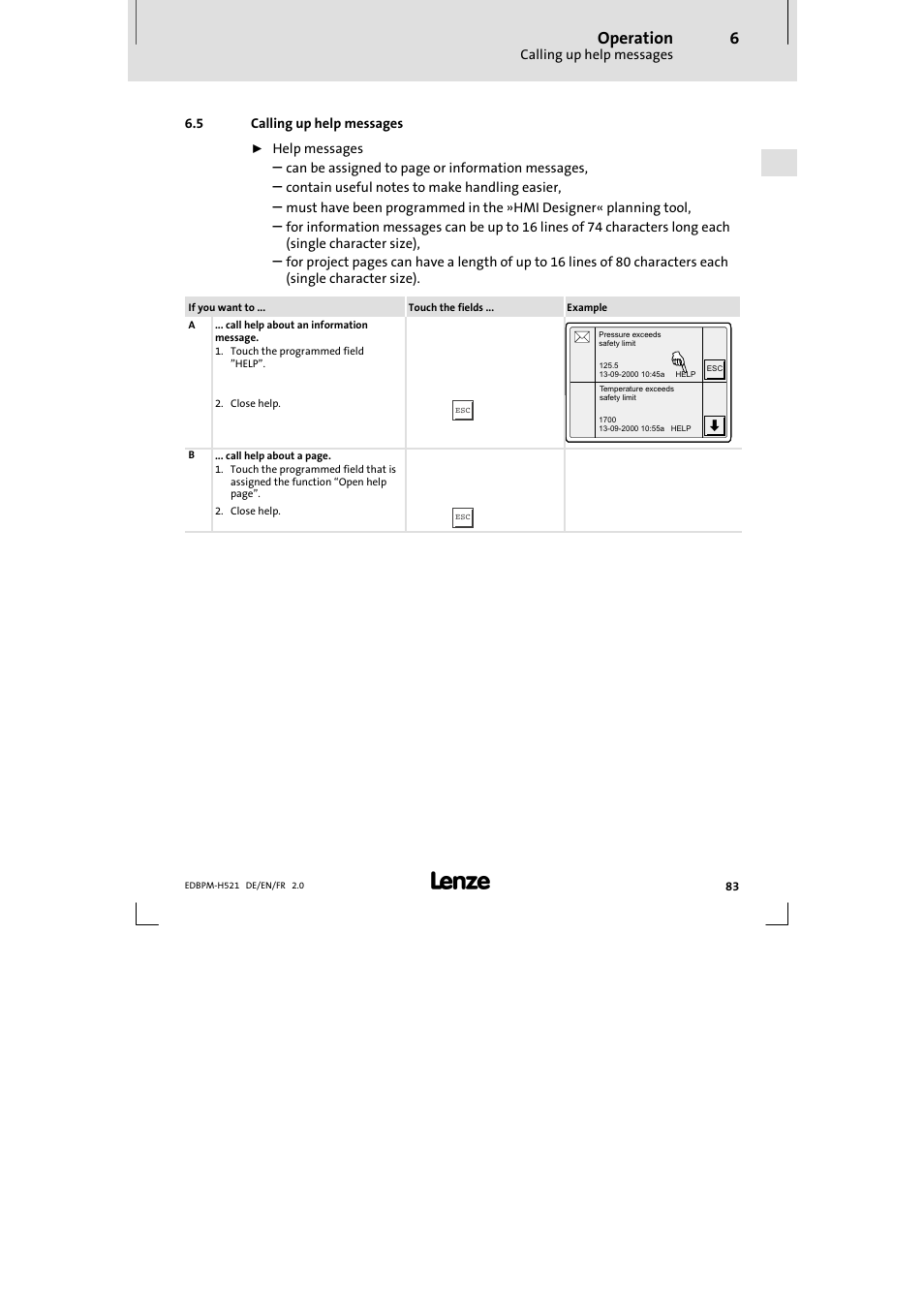 5 calling up help messages, Calling up help messages, Operation | Lenze EPM-H521 User Manual | Page 83 / 136