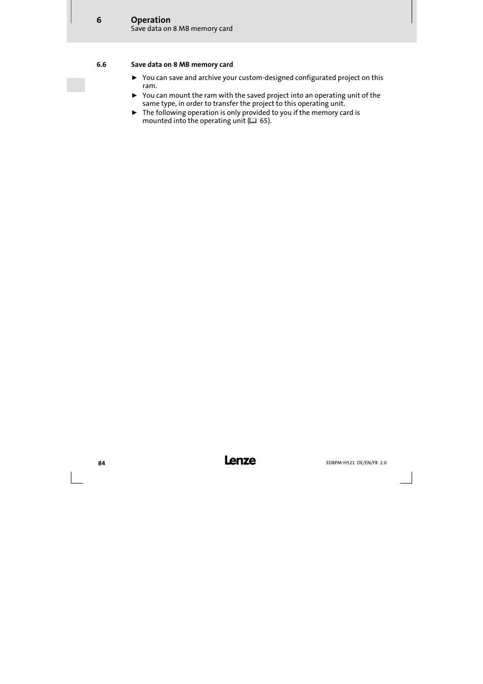 6 save data on 8 mb memory card, Save data on 8 mb memory card | Lenze EPM-H521 User Manual | Page 84 / 136