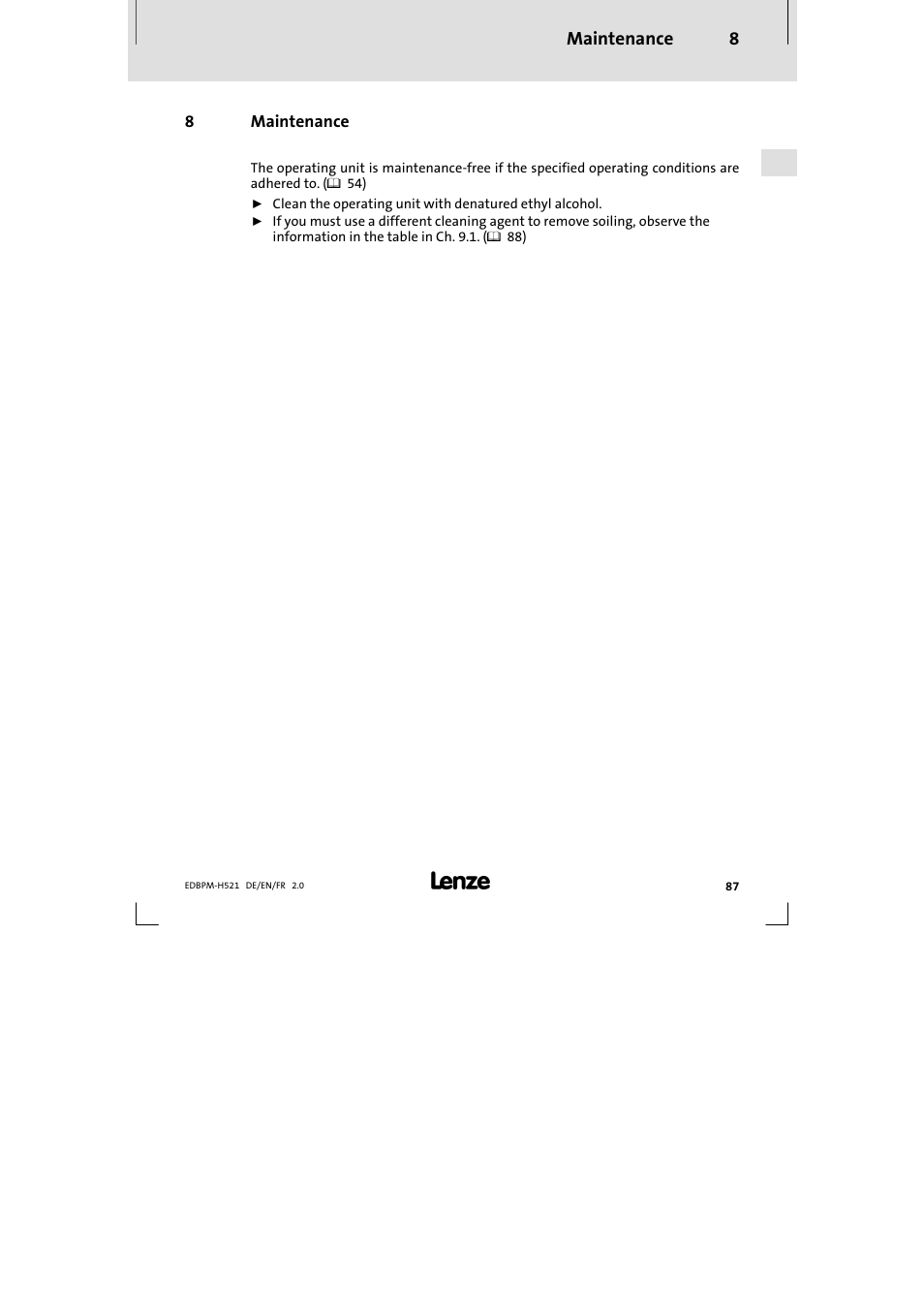 8 maintenance, Maintenance, Maintenance 8 | Lenze EPM-H521 User Manual | Page 87 / 136