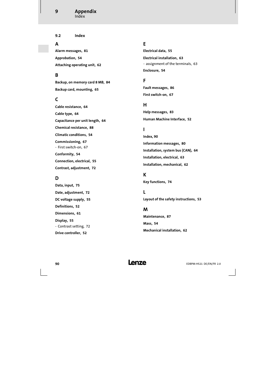 2 index, Index | Lenze EPM-H521 User Manual | Page 90 / 136