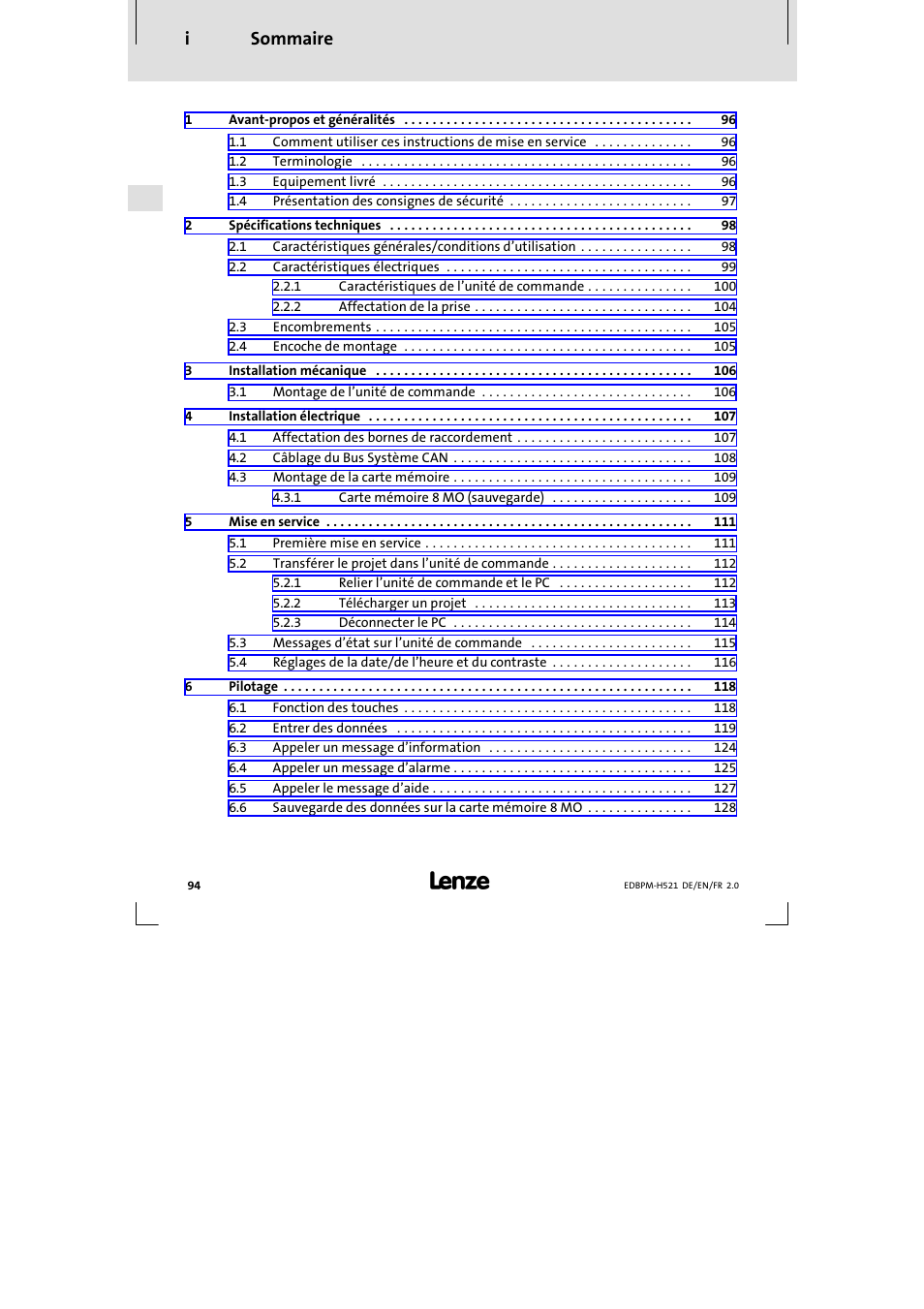 Sommaire, Sommaire i | Lenze EPM-H521 User Manual | Page 94 / 136