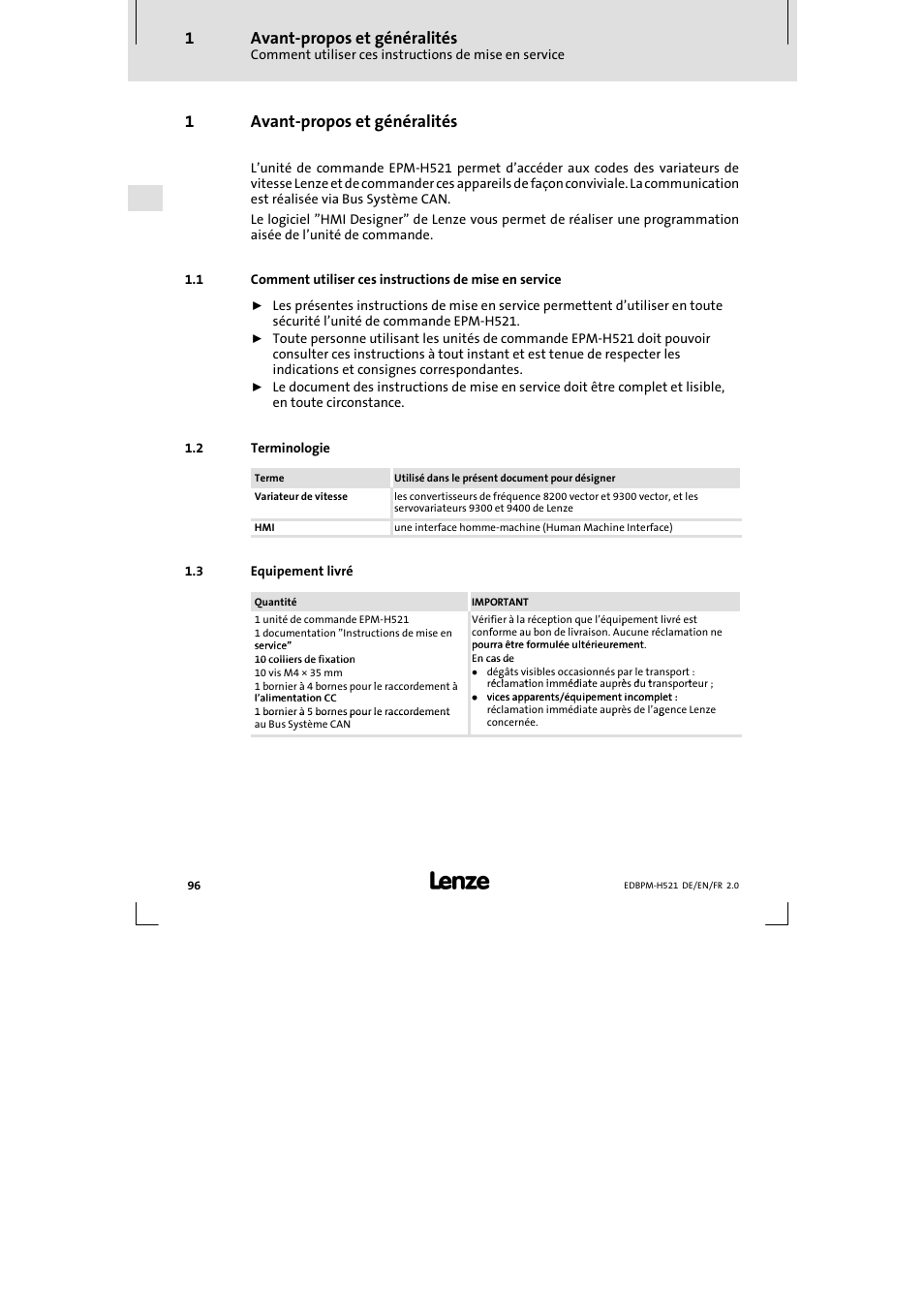 1 avant-propos et généralités, 2 terminologie, 3 equipement livré | Avant-propos et généralités, Terminologie, Equipement livré, 1avant-propos et généralités | Lenze EPM-H521 User Manual | Page 96 / 136