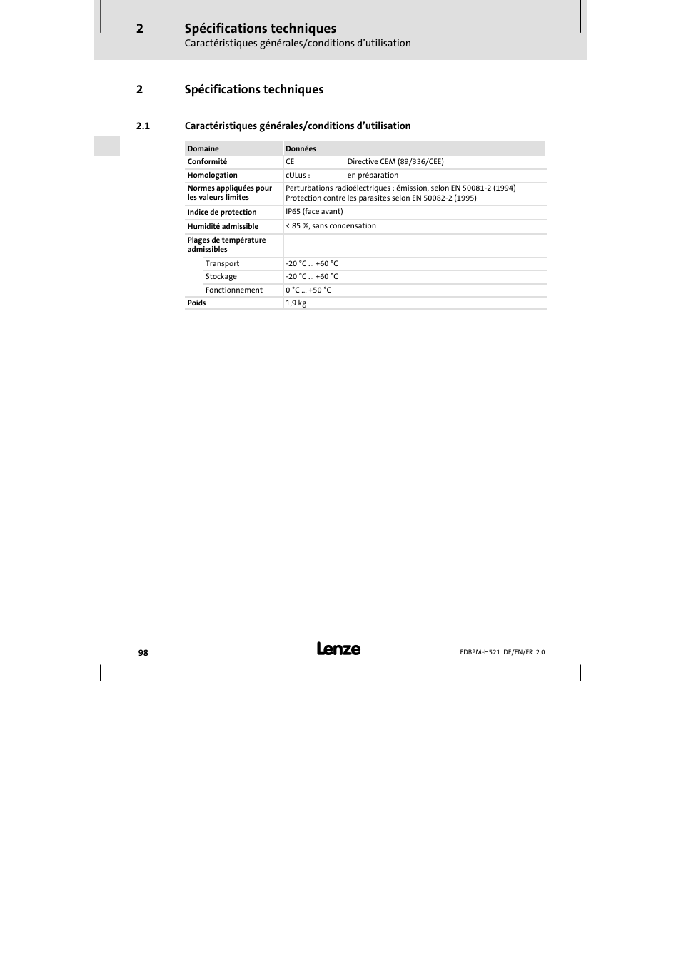 2 spécifications techniques, Spécifications techniques, 2spécifications techniques | Lenze EPM-H521 User Manual | Page 98 / 136