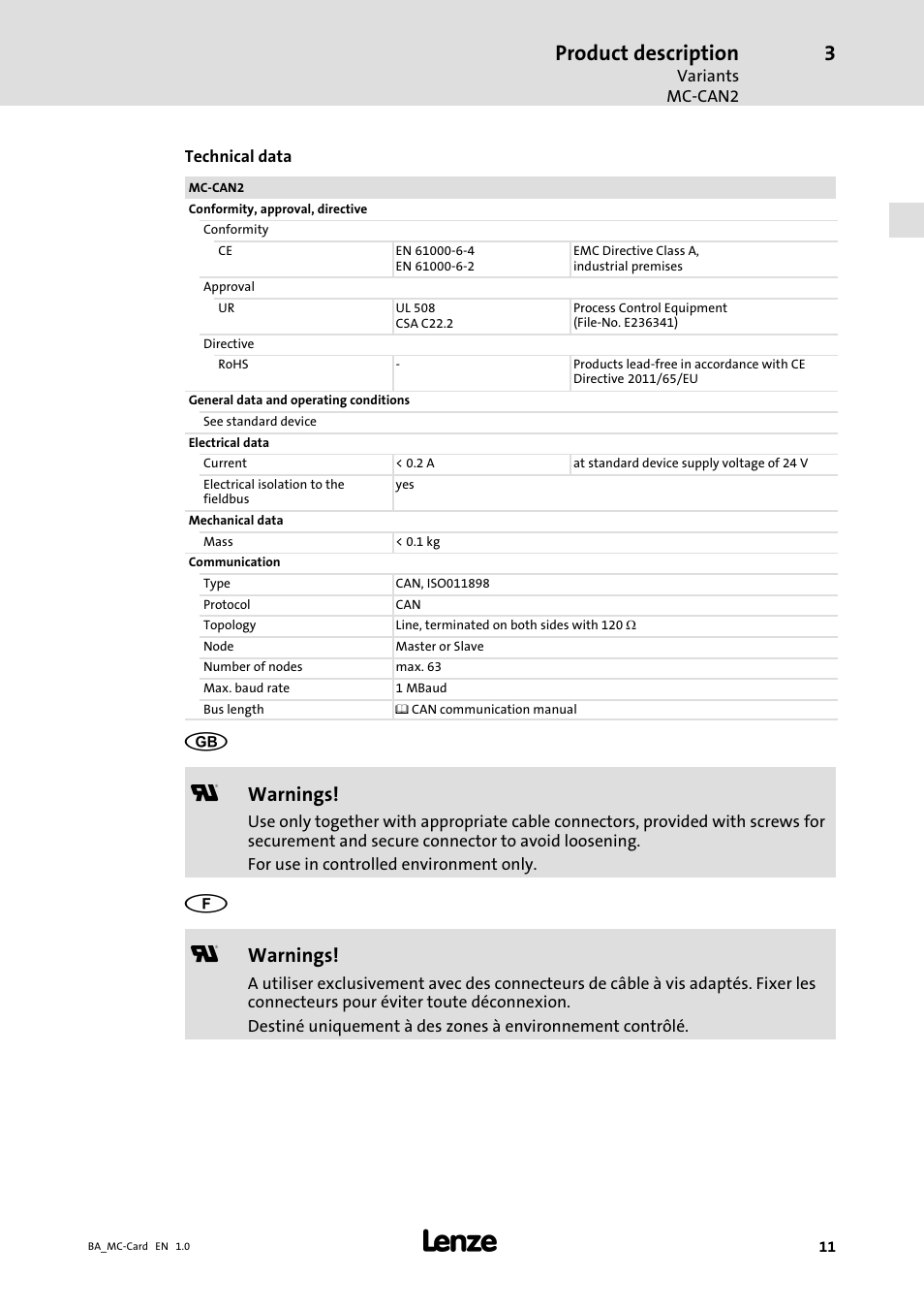 Product description, Warnings | Lenze MC−xxx Card User Manual | Page 11 / 46