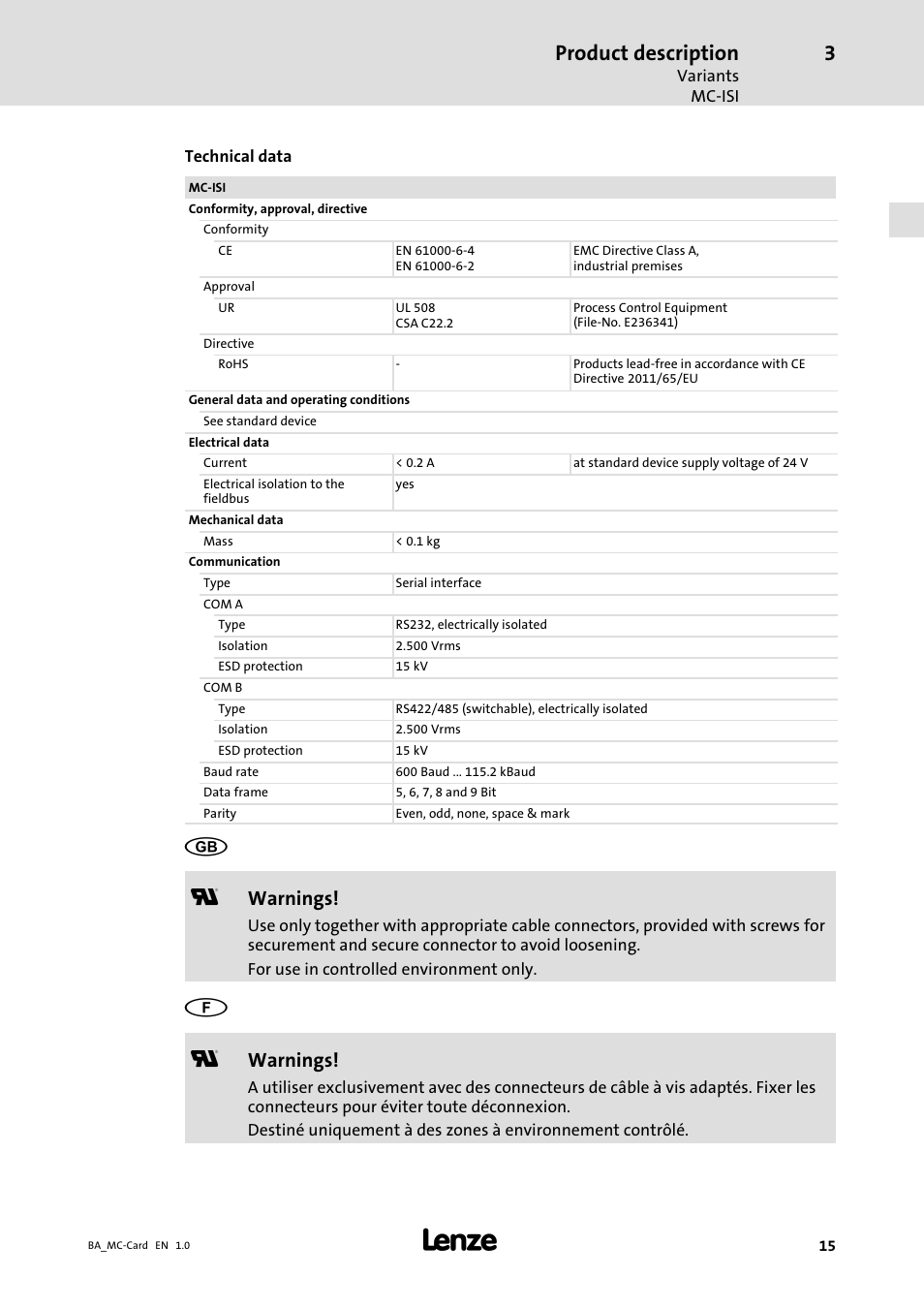 Product description, Warnings | Lenze MC−xxx Card User Manual | Page 15 / 46