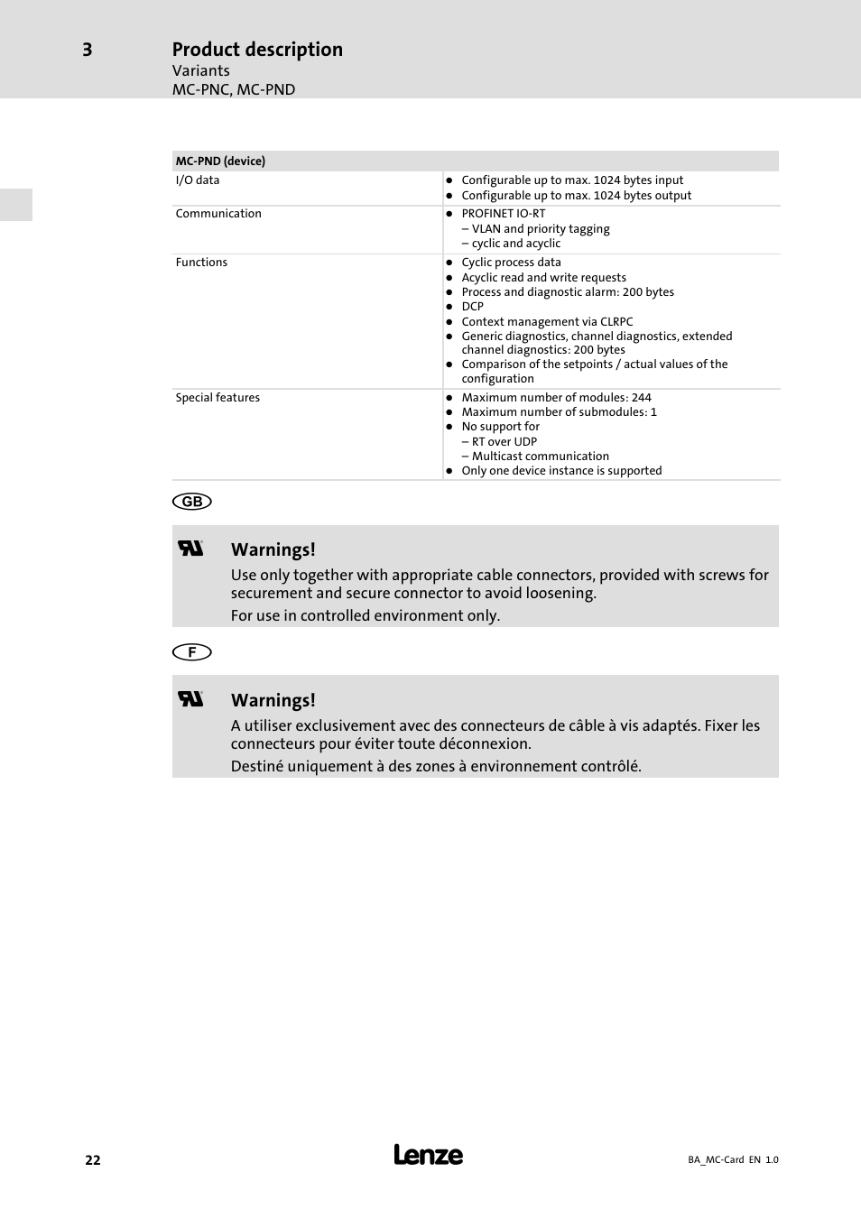 Product description, Warnings | Lenze MC−xxx Card User Manual | Page 22 / 46