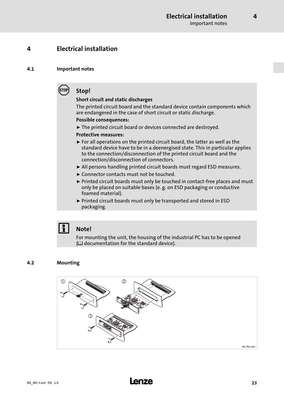 Electrical installation, Important notes, Mounting | 4electrical installation, Stop, Connector contacts must not be touched | Lenze MC−xxx Card User Manual | Page 23 / 46