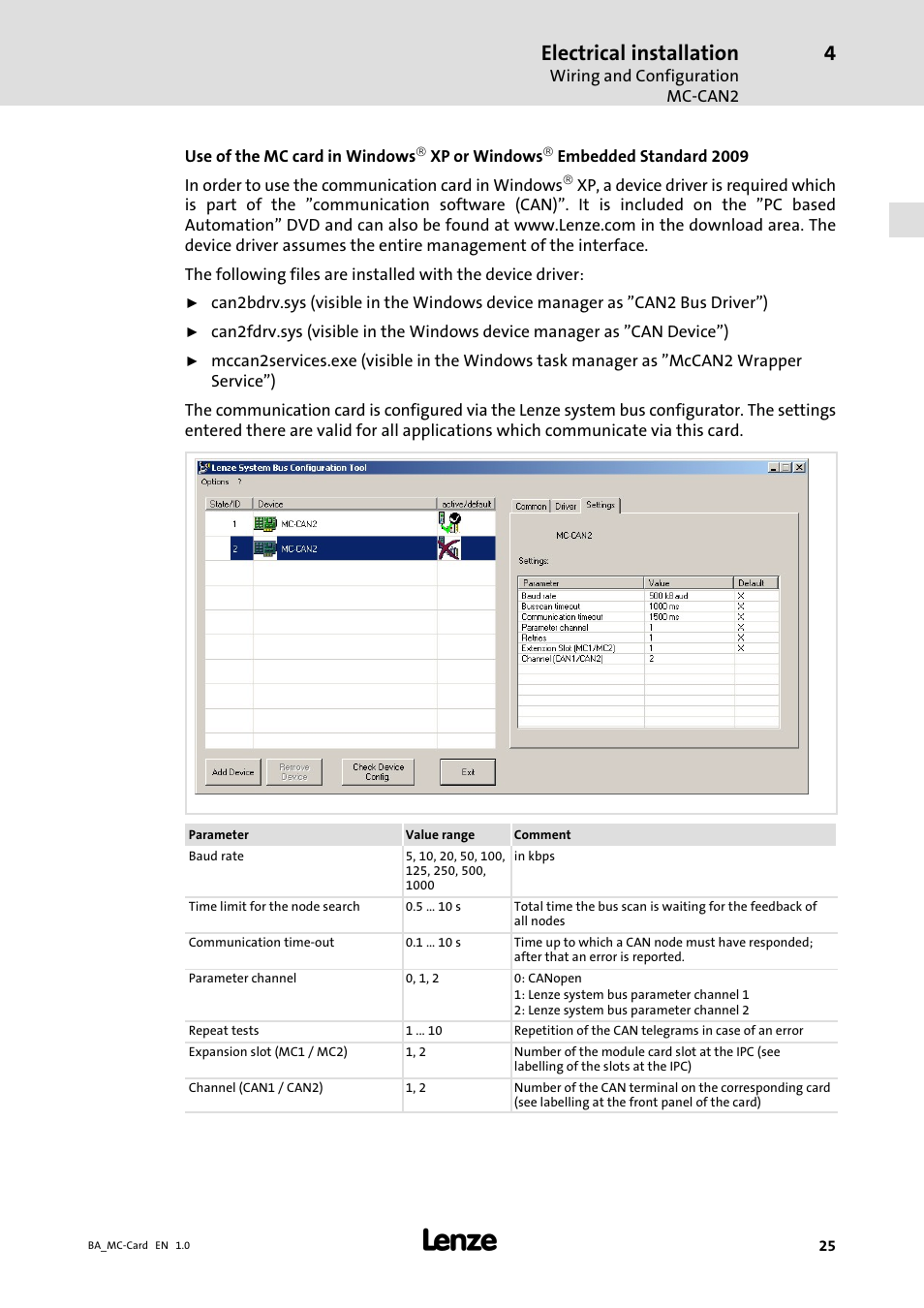 Electrical installation | Lenze MC−xxx Card User Manual | Page 25 / 46