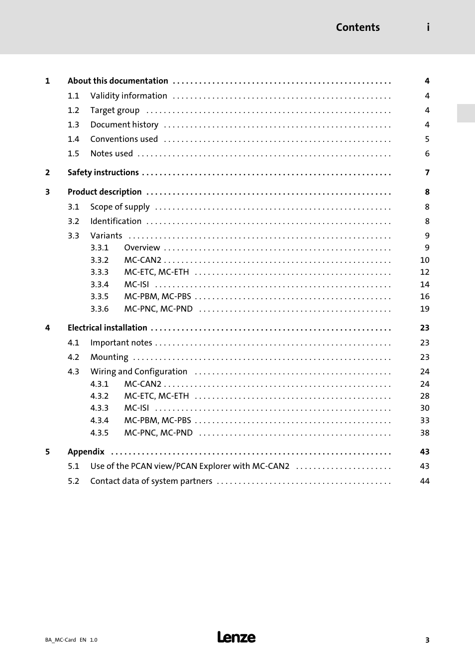 Contents i | Lenze MC−xxx Card User Manual | Page 3 / 46