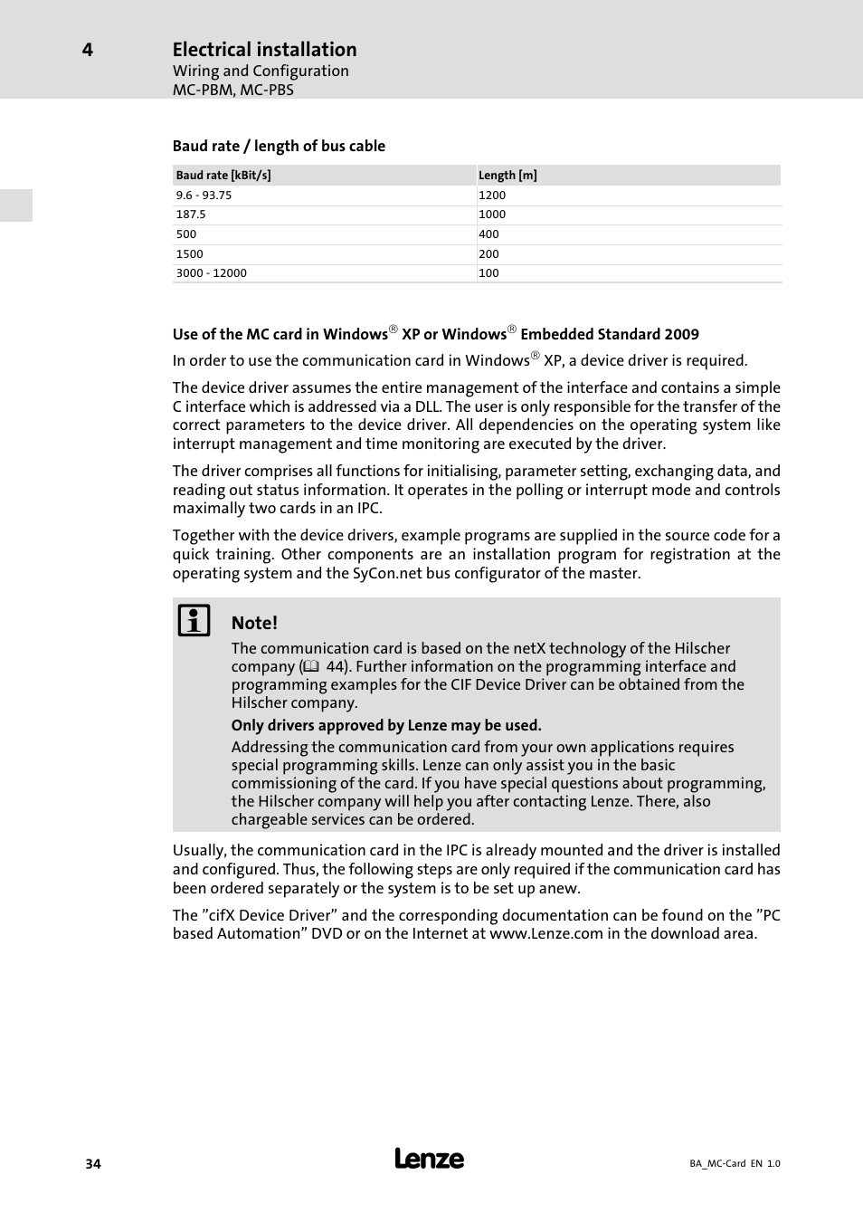 Electrical installation | Lenze MC−xxx Card User Manual | Page 34 / 46