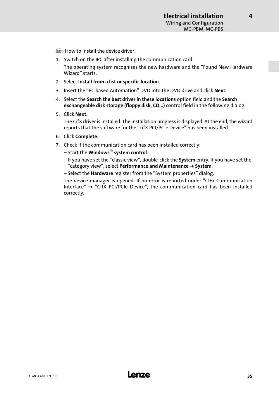 Electrical installation | Lenze MC−xxx Card User Manual | Page 35 / 46