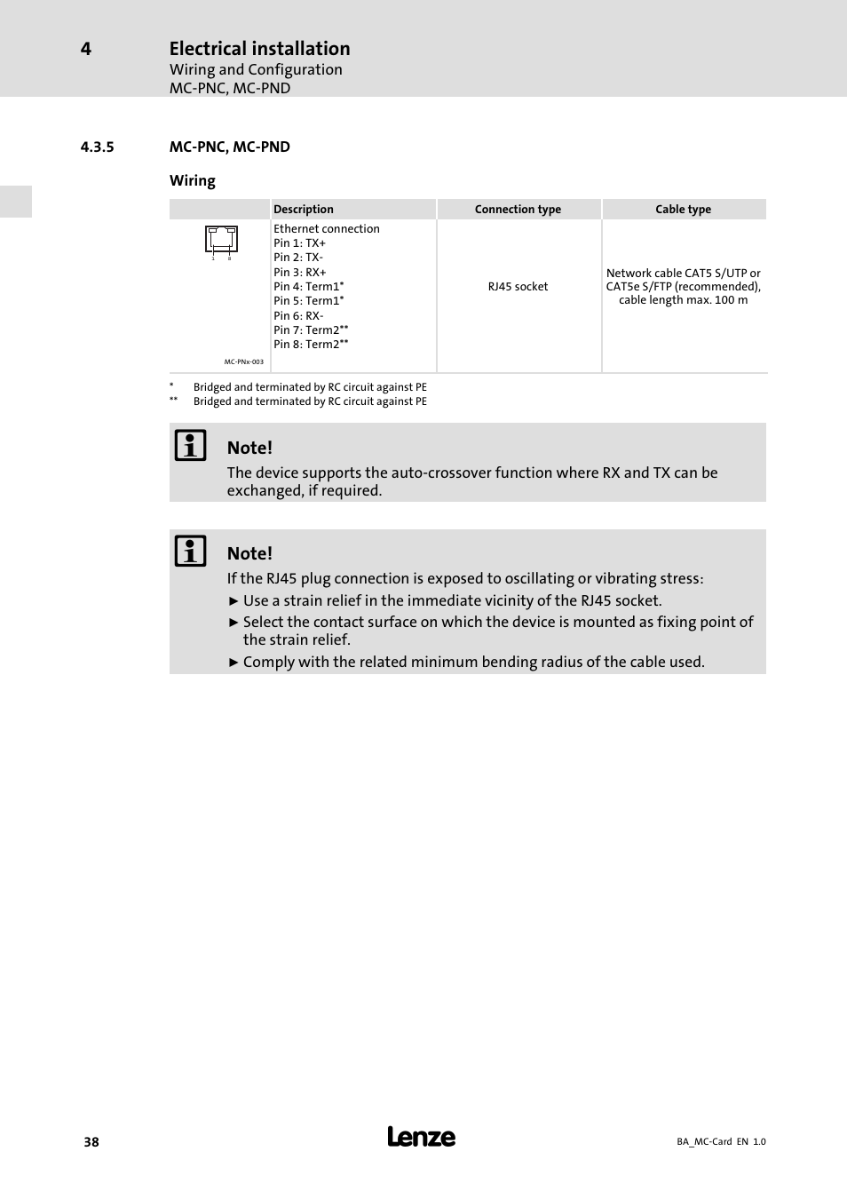 Mc-pnc, mc-pnd, Mc−pnc, mc−pnd, Electrical installation | Lenze MC−xxx Card User Manual | Page 38 / 46