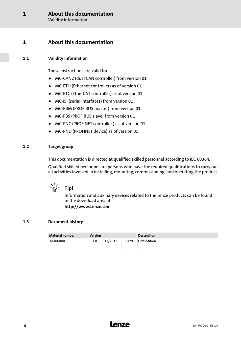 About this documentation, Validity information, Target group | Document history, 1about this documentation | Lenze MC−xxx Card User Manual | Page 4 / 46