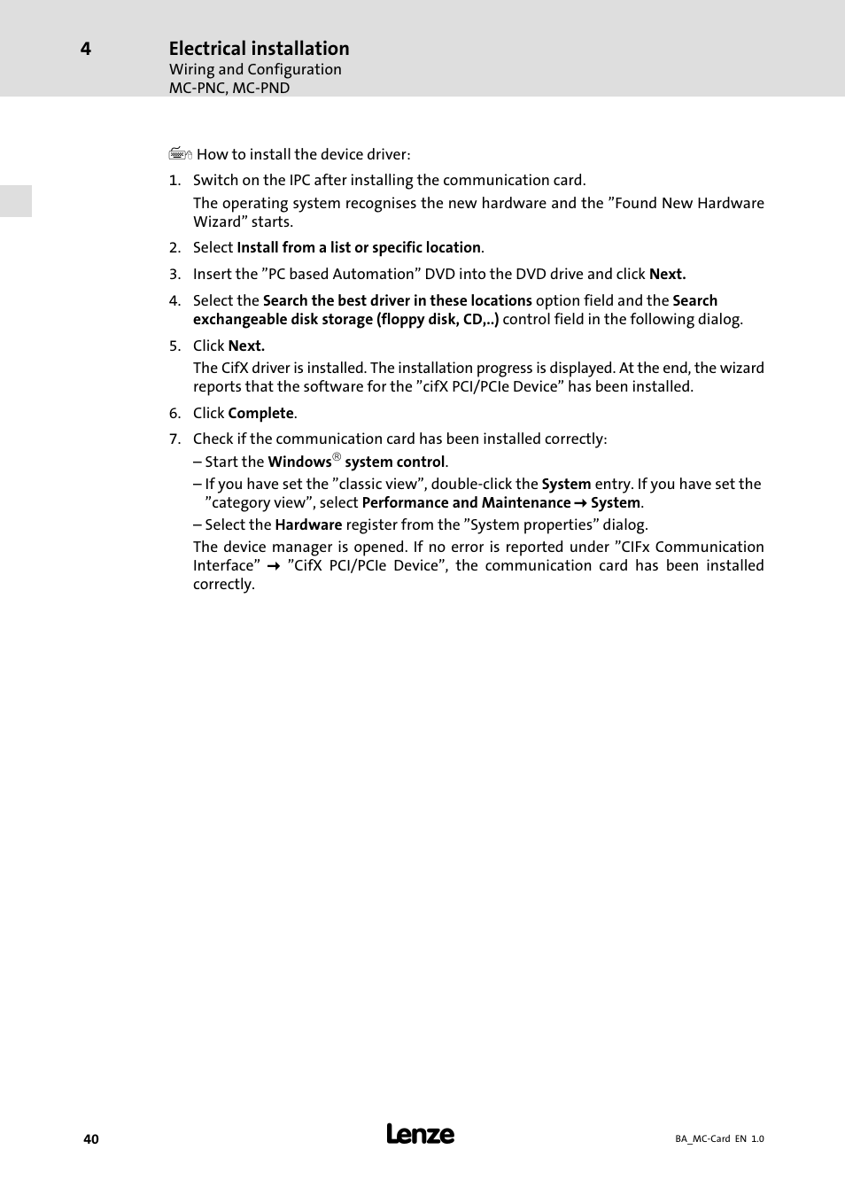 Electrical installation | Lenze MC−xxx Card User Manual | Page 40 / 46