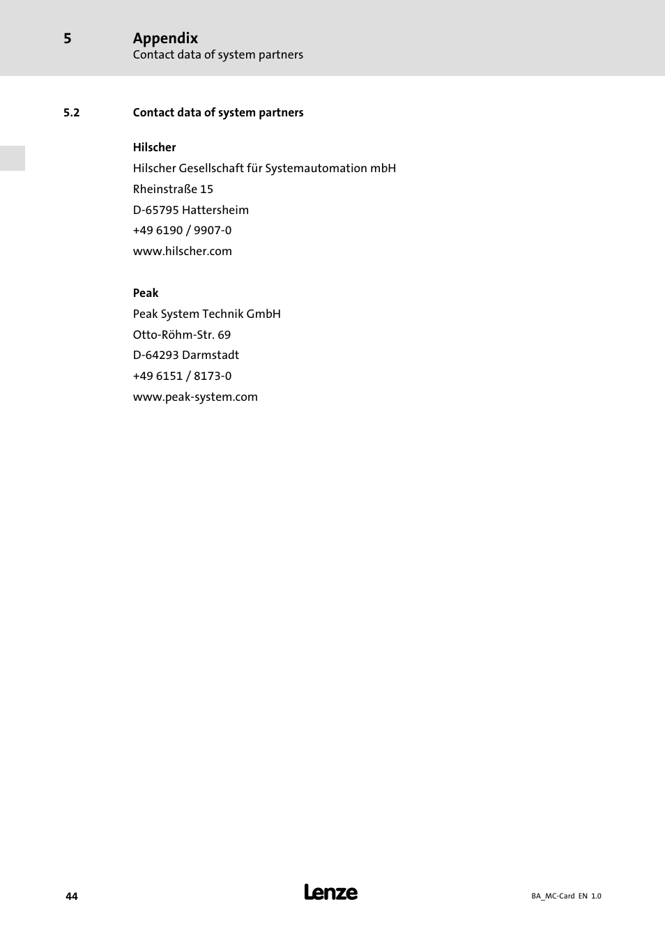 Contact data of system partners | Lenze MC−xxx Card User Manual | Page 44 / 46