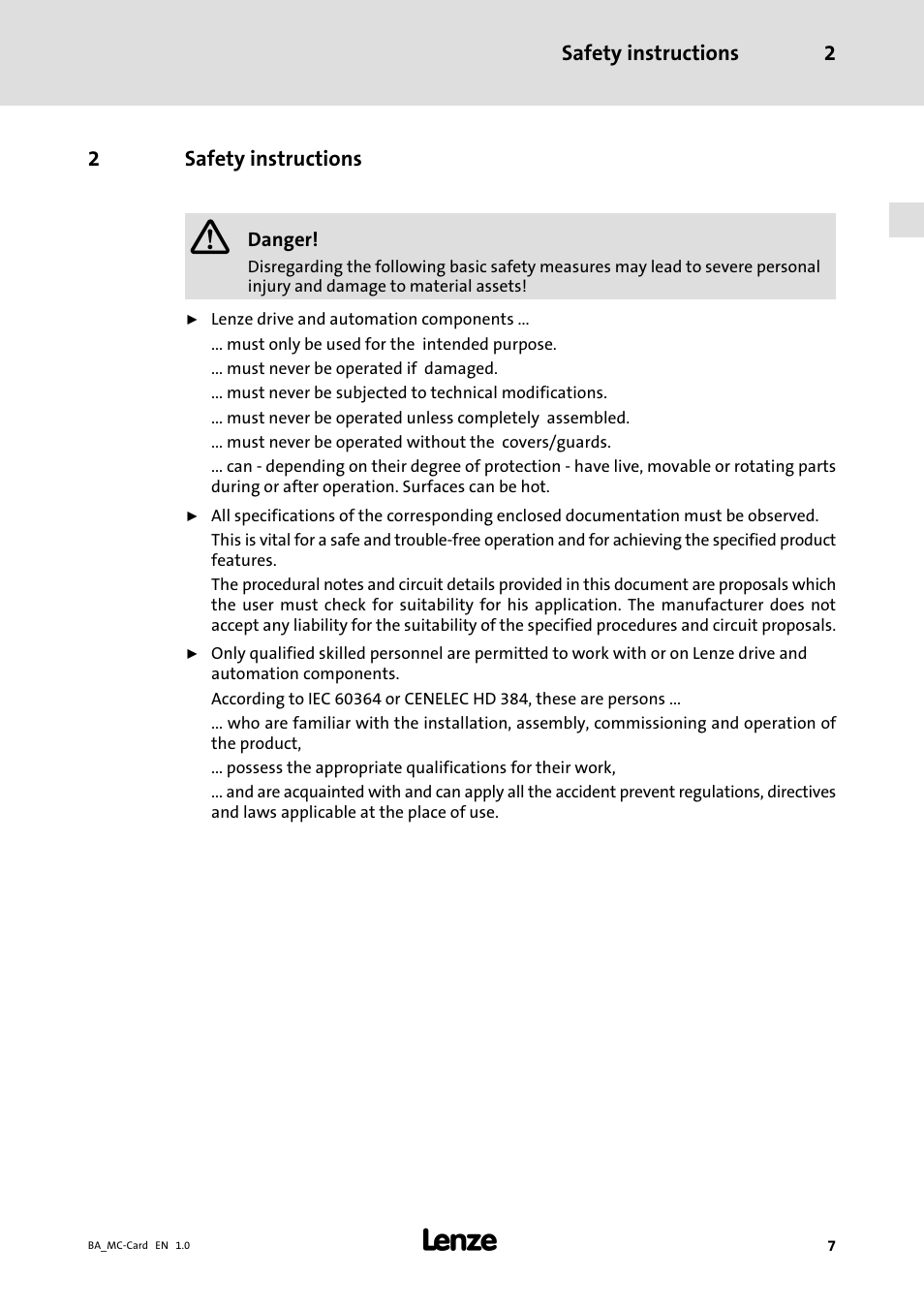 Safety instructions | Lenze MC−xxx Card User Manual | Page 7 / 46