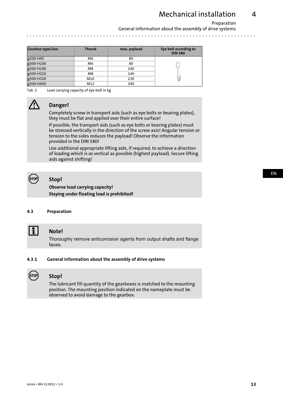 3 preparation, Preparation, Mechanical installation | Lenze g500-H helical gearbox User Manual | Page 13 / 32