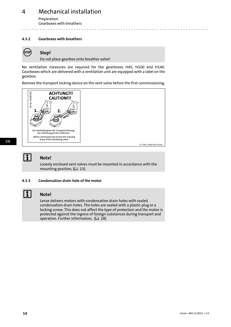 2 gearboxes with breathers, 3 condensation drain hole of the motor, Gearboxes with breathers | Condensation drain hole of the motor, Mechanical installation | Lenze g500-H helical gearbox User Manual | Page 14 / 32
