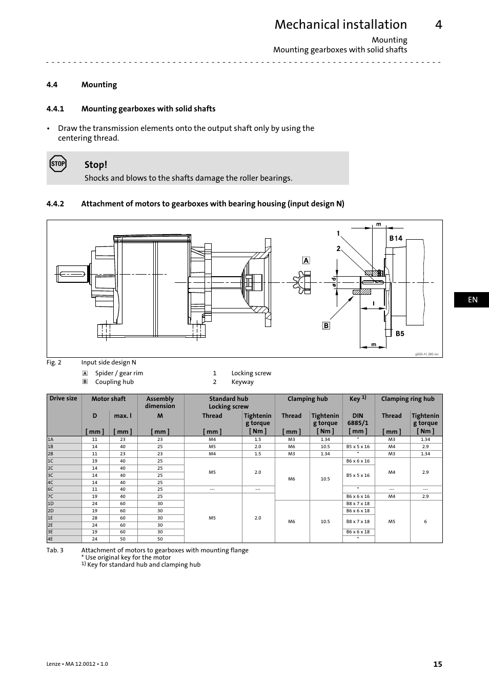 4 mounting, 1 mounting gearboxes with solid shafts, Mounting | Mounting gearboxes with solid shafts, Mechanical installation, Stop, Mounting mounting gearboxes with solid shafts, En 15 | Lenze g500-H helical gearbox User Manual | Page 15 / 32