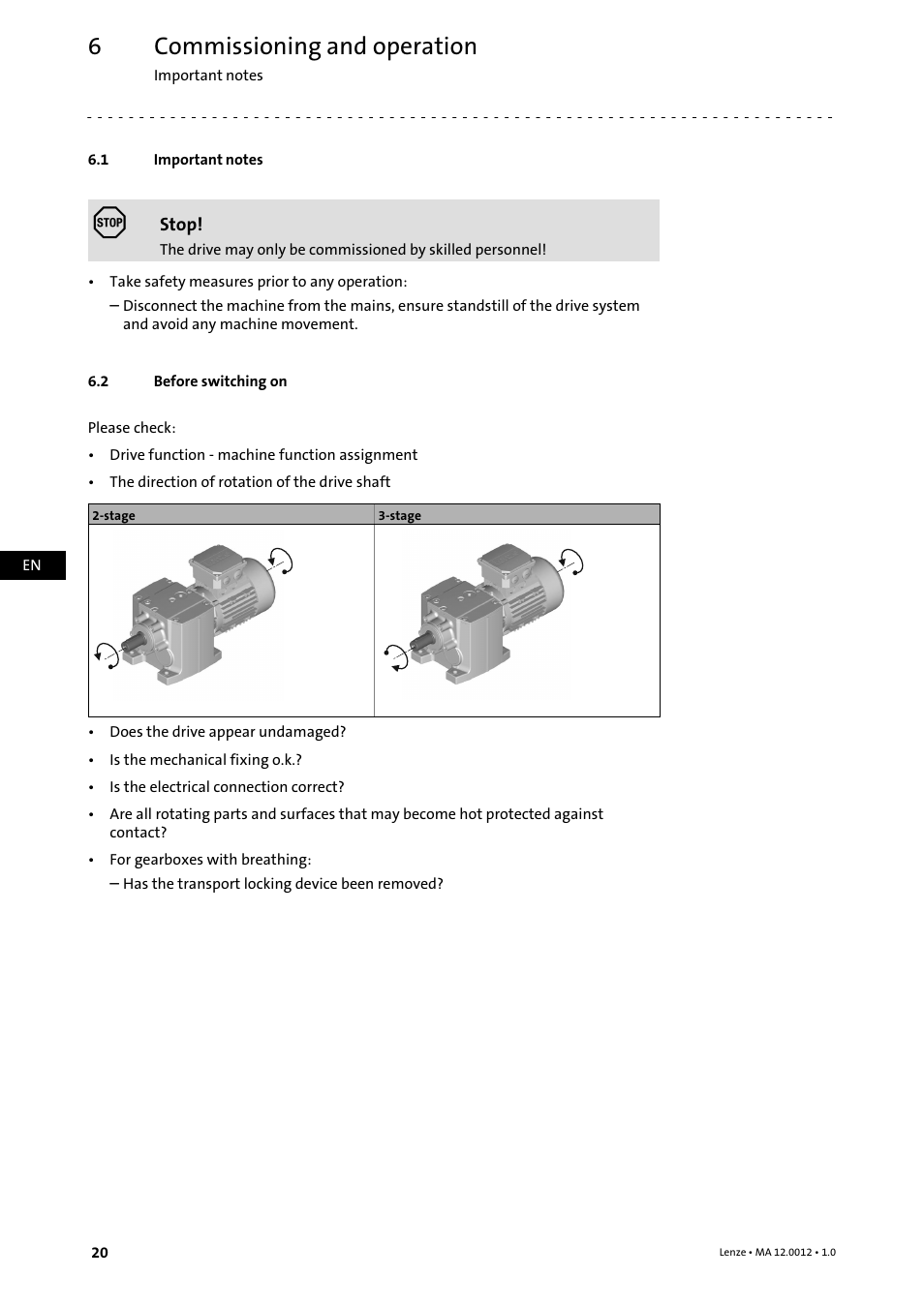 6 commissioning and operation, 1 important notes, 2 before switching on | Commissioning and operation, Important notes, Before switching on | Lenze g500-H helical gearbox User Manual | Page 20 / 32