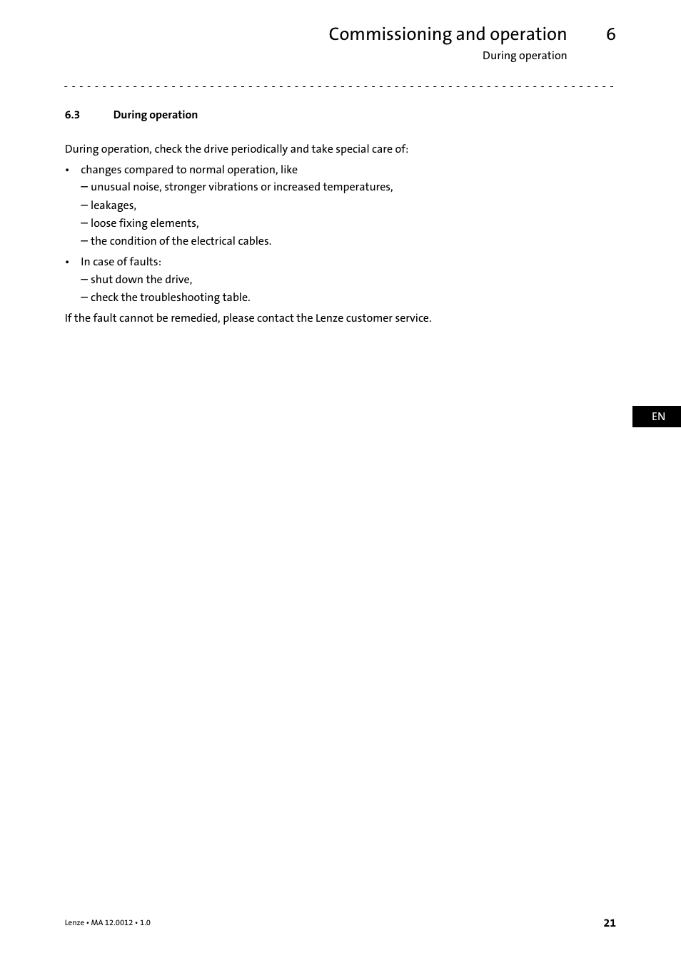 3 during operation, During operation, Commissioning and operation | Lenze g500-H helical gearbox User Manual | Page 21 / 32