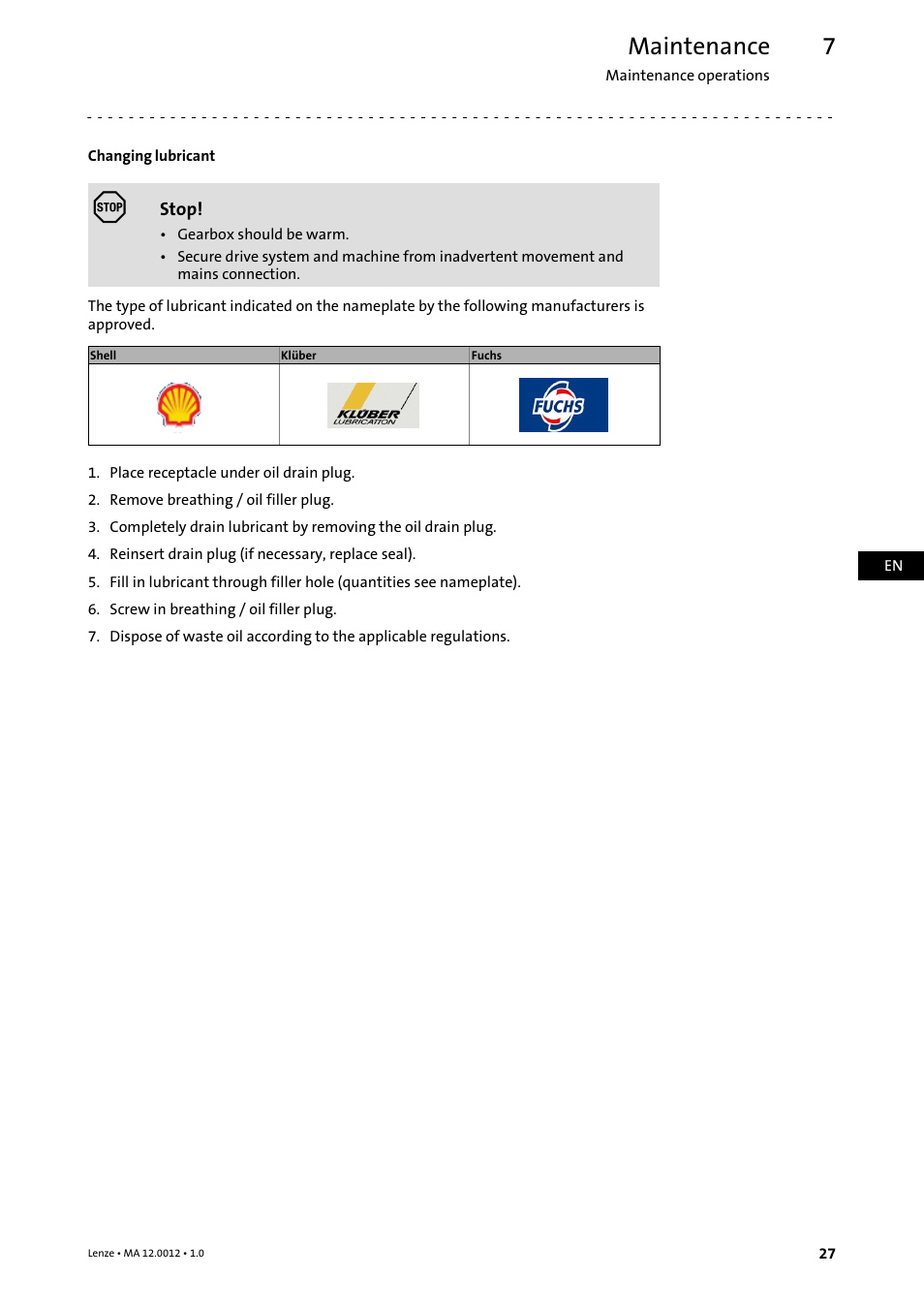 Maintenance | Lenze g500-H helical gearbox User Manual | Page 27 / 32