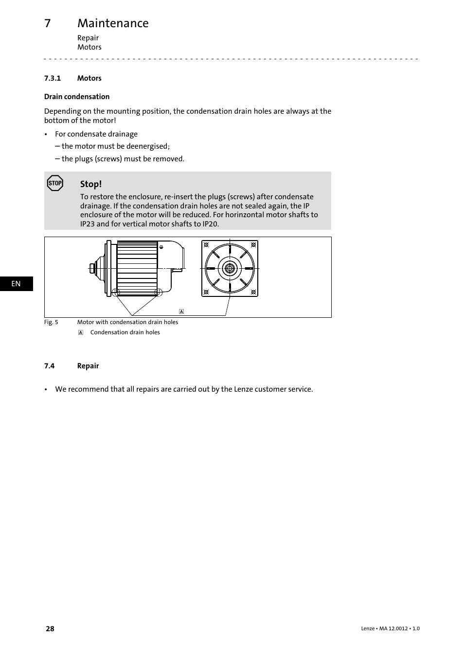 1 motors, 4 repair, Motors | Repair, Maintenance | Lenze g500-H helical gearbox User Manual | Page 28 / 32