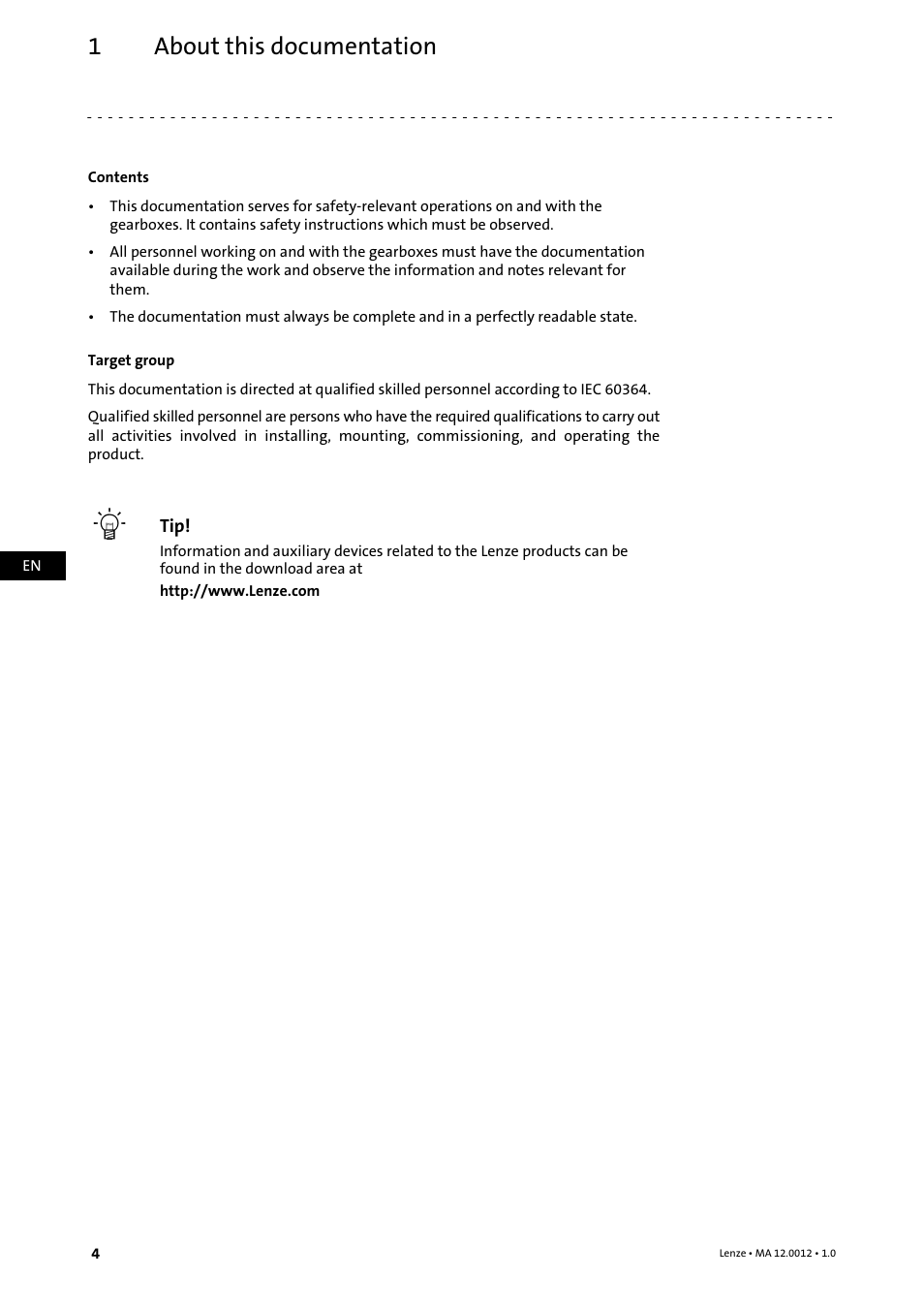 1 about this documentation, About this documentation, About this documentation 1 | Lenze g500-H helical gearbox User Manual | Page 4 / 32