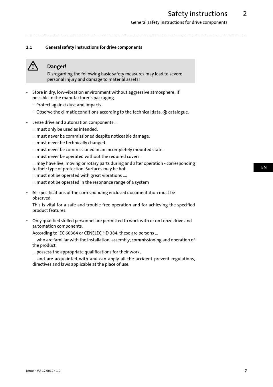 2 safety instructions, 1 general safety instructions for drive components, Safety instructions | General safety instructions for drive components | Lenze g500-H helical gearbox User Manual | Page 7 / 32