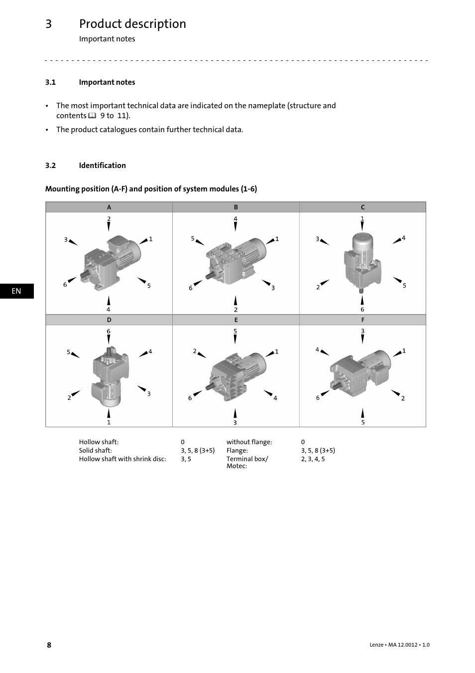 3 product description, 1 important notes, 2 identification | Product description, Important notes, Identification | Lenze g500-H helical gearbox User Manual | Page 8 / 32