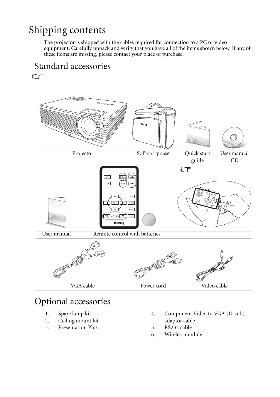 Shipping contents, Standard accessories, Optional accessories | BenQ MP620C User Manual | Page 10 / 62