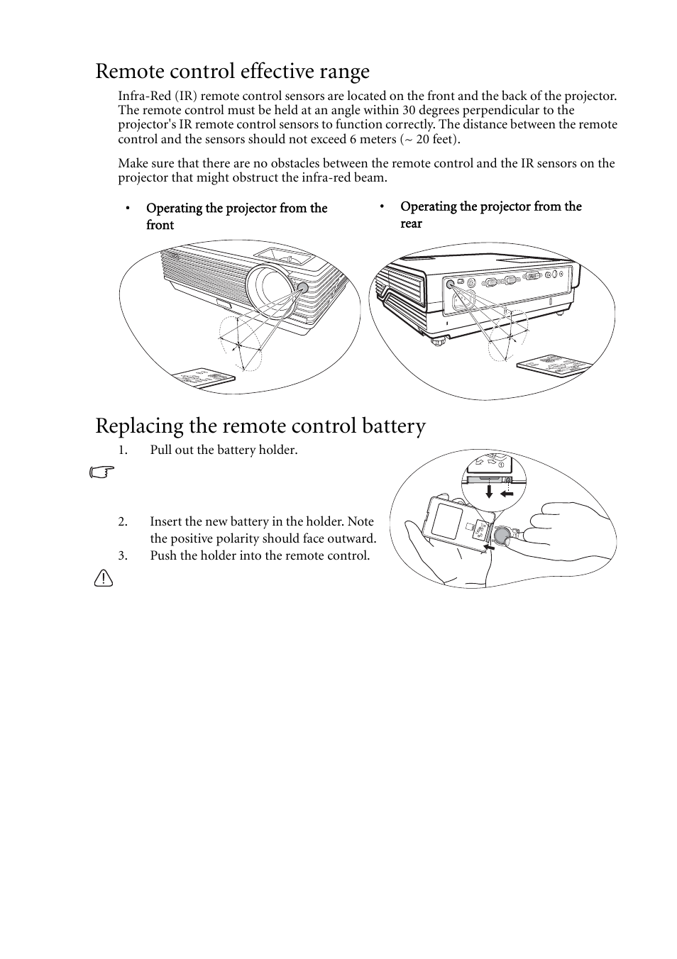 Remote control effective range, Replacing the remote control battery | BenQ MP620C User Manual | Page 15 / 62