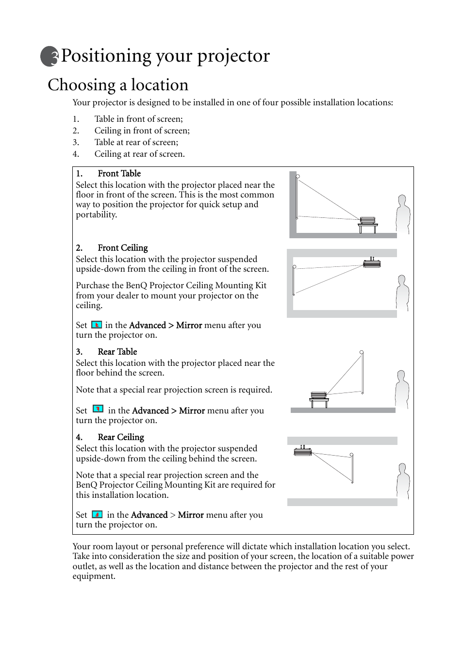 Positioning your projector, Choosing a location | BenQ MP620C User Manual | Page 16 / 62
