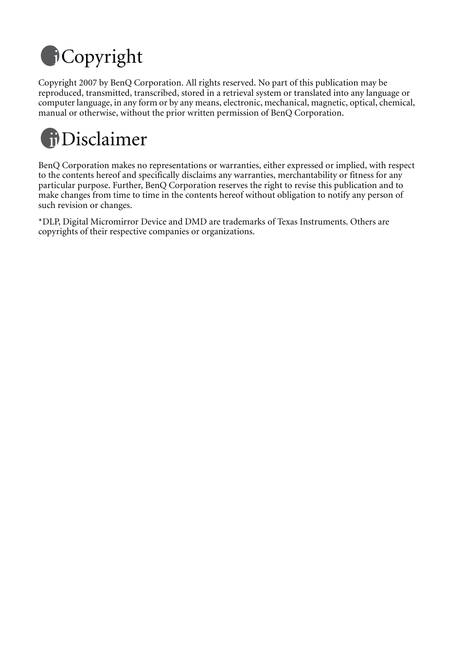 Copyright, Disclaimer | BenQ MP620C User Manual | Page 2 / 62