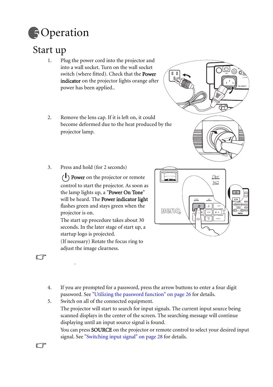 Operation, Start up | BenQ MP620C User Manual | Page 29 / 62