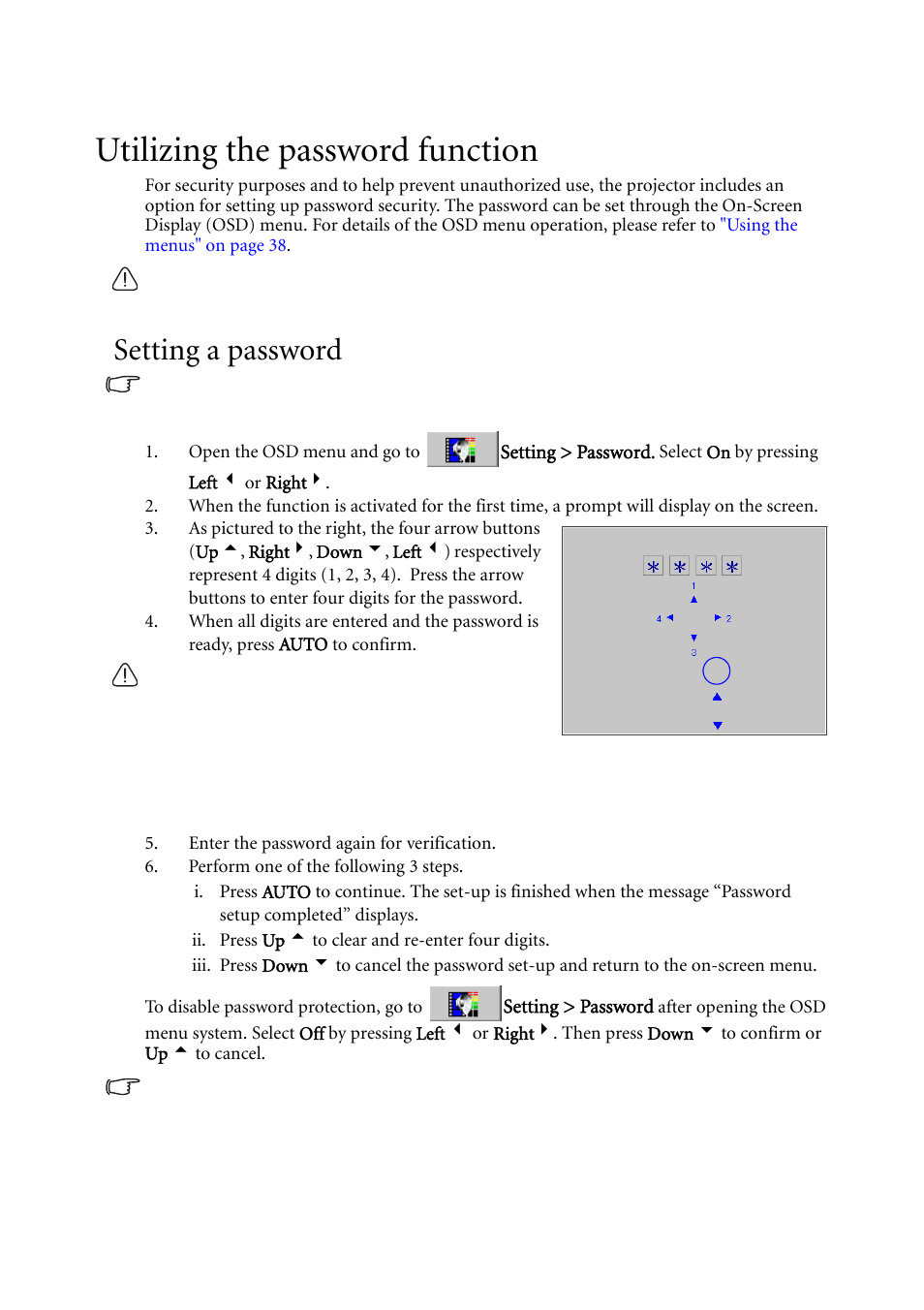 Utilizing the password function, Setting a password | BenQ MP620C User Manual | Page 30 / 62