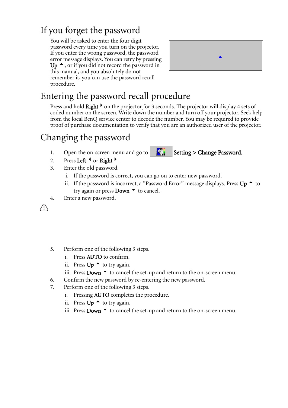 If you forget the password, Entering the password recall procedure, Changing the password | BenQ MP620C User Manual | Page 31 / 62