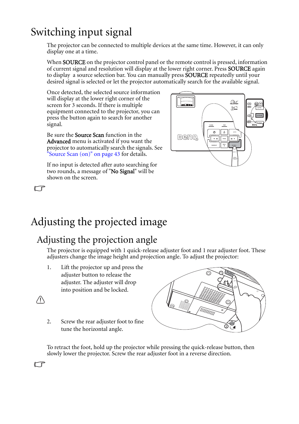 Switching input signal, Adjusting the projected image, Adjusting the projection angle | BenQ MP620C User Manual | Page 32 / 62