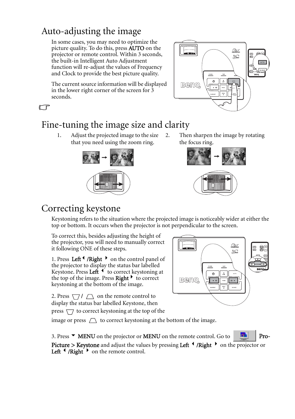 Auto-adjusting the image, Fine-tuning the image size and clarity, Correcting keystone | Correcting keystone" on, Correcting, For det | BenQ MP620C User Manual | Page 33 / 62