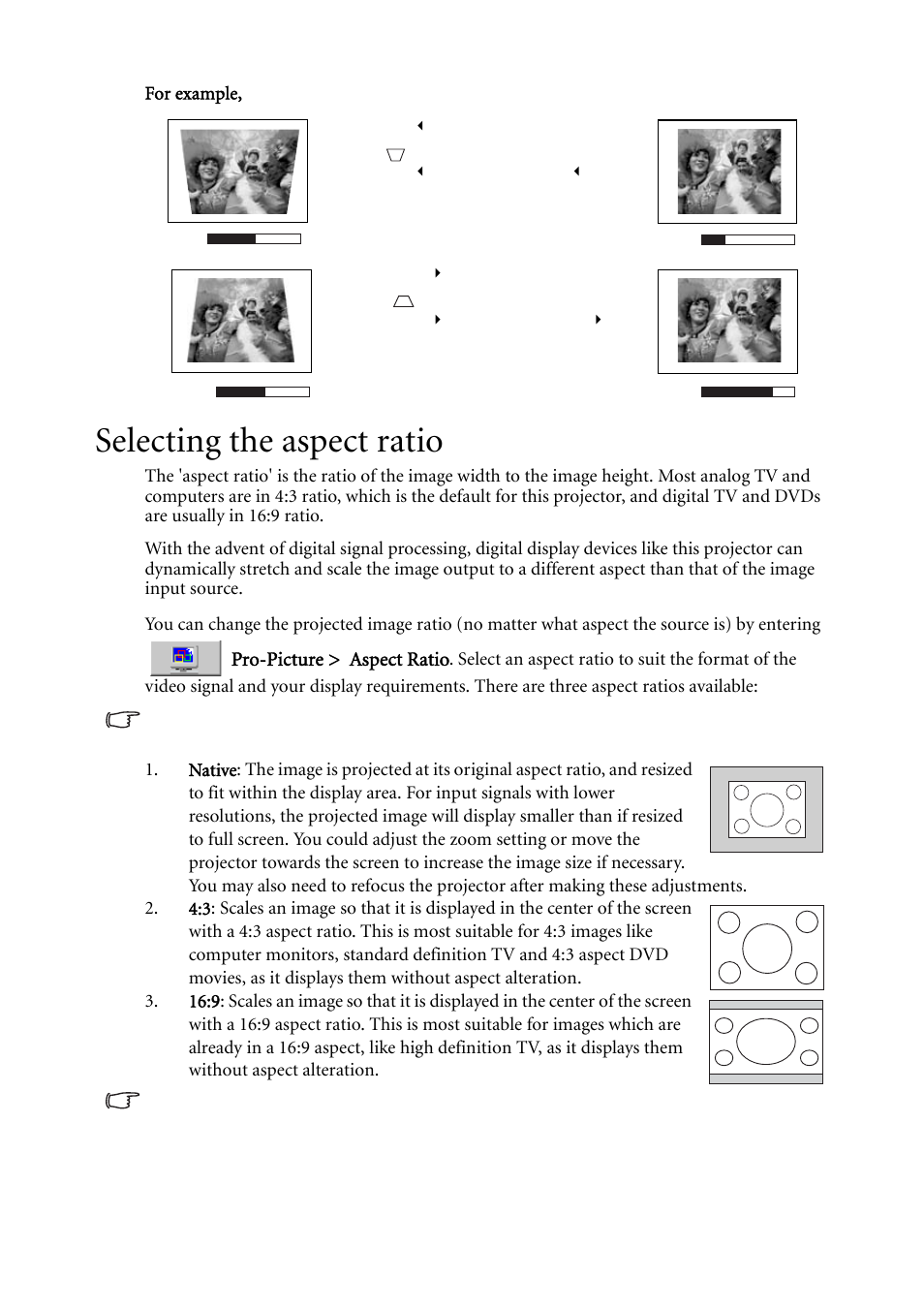 Selecting the aspect ratio, Pro-picture > aspect ratio | BenQ MP620C User Manual | Page 34 / 62