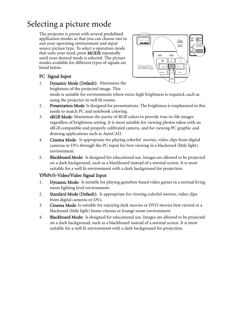 Selecting a picture mode, Selecting a picture | BenQ MP620C User Manual | Page 35 / 62