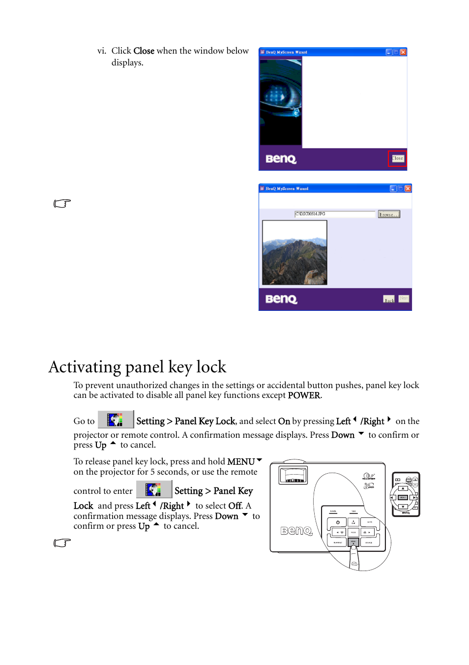 Activating panel key lock | BenQ MP620C User Manual | Page 38 / 62