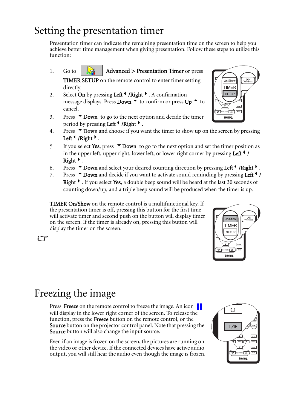 Setting the presentation timer, Freezing the image, Setting the presentation timer freezing the image | BenQ MP620C User Manual | Page 39 / 62