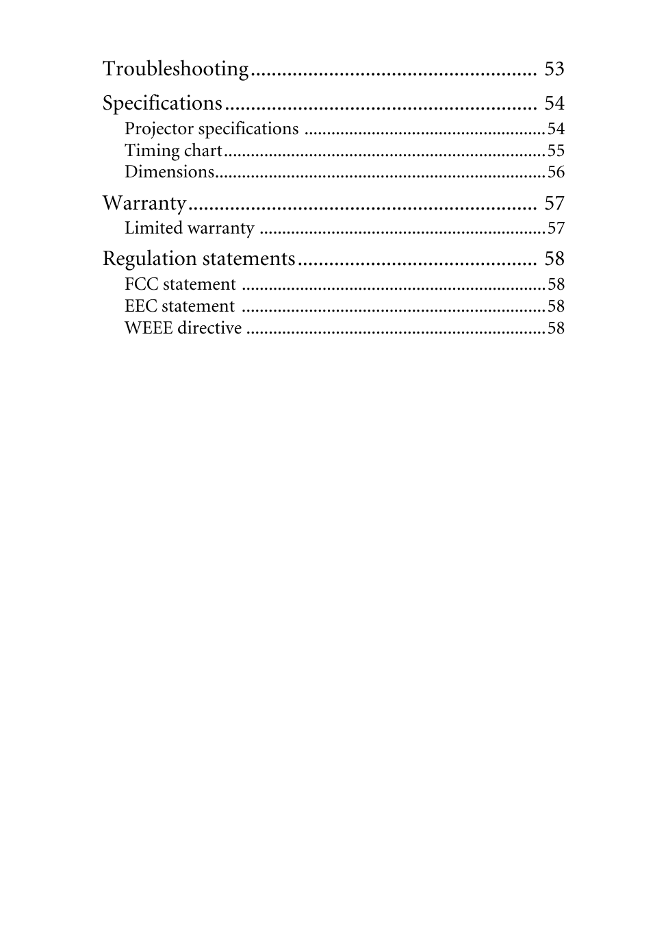 Troubleshooting specifications, Warranty, Regulation statements | BenQ MP620C User Manual | Page 4 / 62