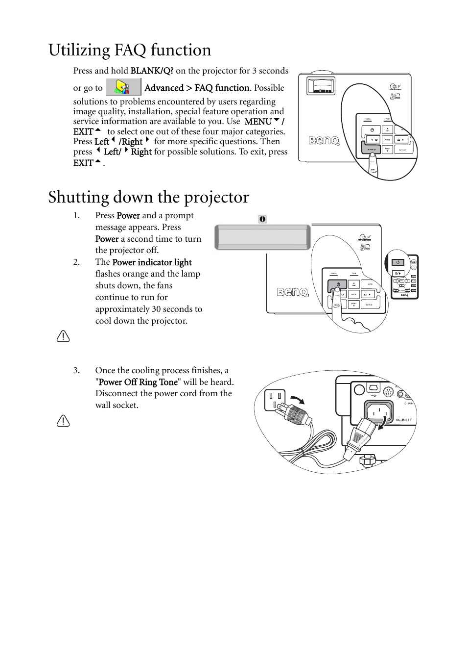 Utilizing faq function, Shutting down the projector, Utilizing faq function shutting down the projector | Utilizing faq function" on | BenQ MP620C User Manual | Page 40 / 62