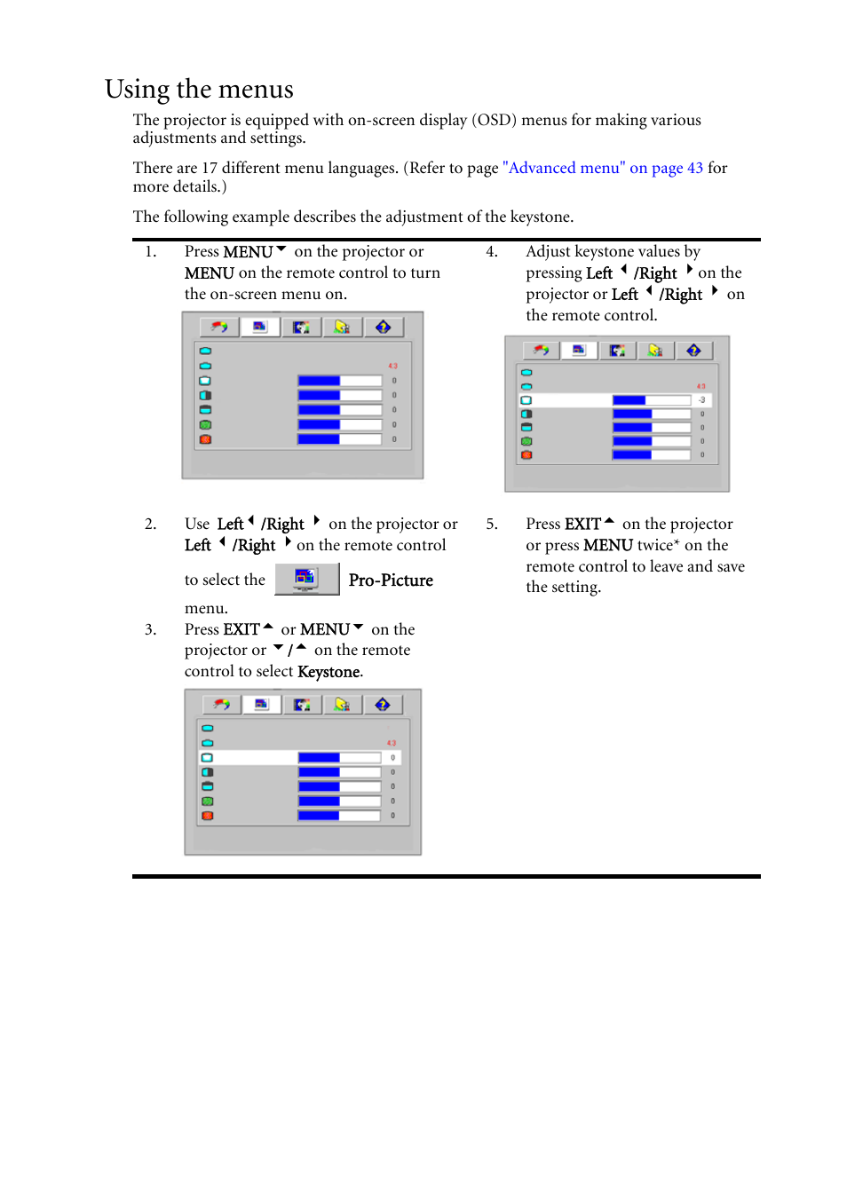 Using the menus, Using the, Pro-picture | Operation 38 | BenQ MP620C User Manual | Page 42 / 62