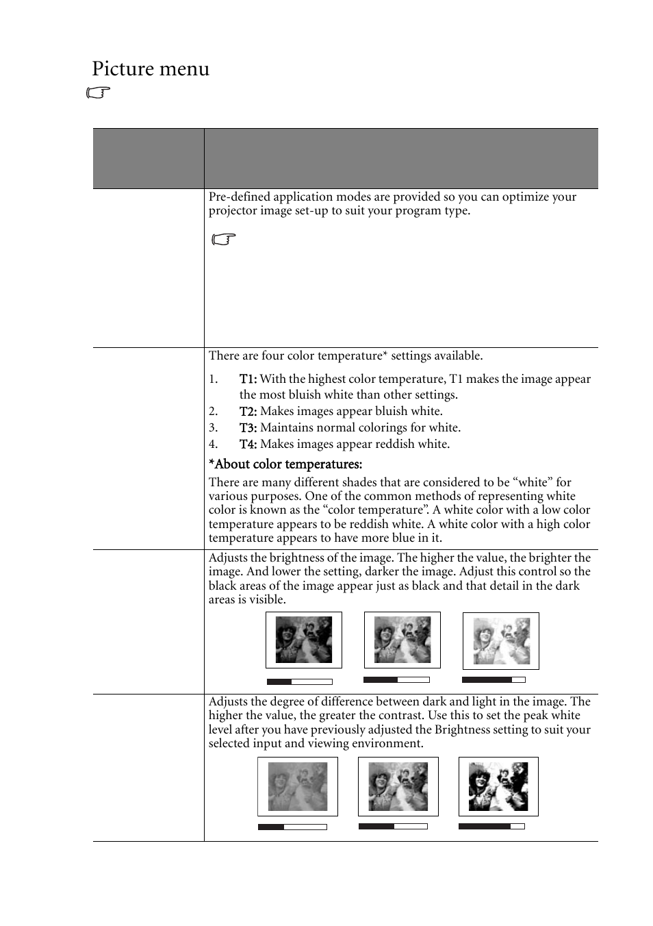 Picture menu, Brightness (depends on the selected input source), Contrast (depends on the selected input source) | BenQ MP620C User Manual | Page 43 / 62