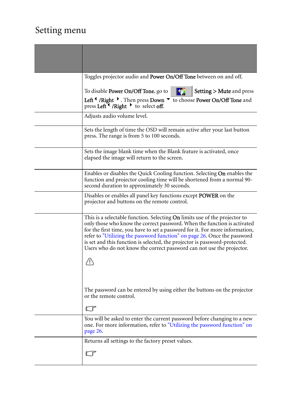 Setting menu | BenQ MP620C User Manual | Page 46 / 62