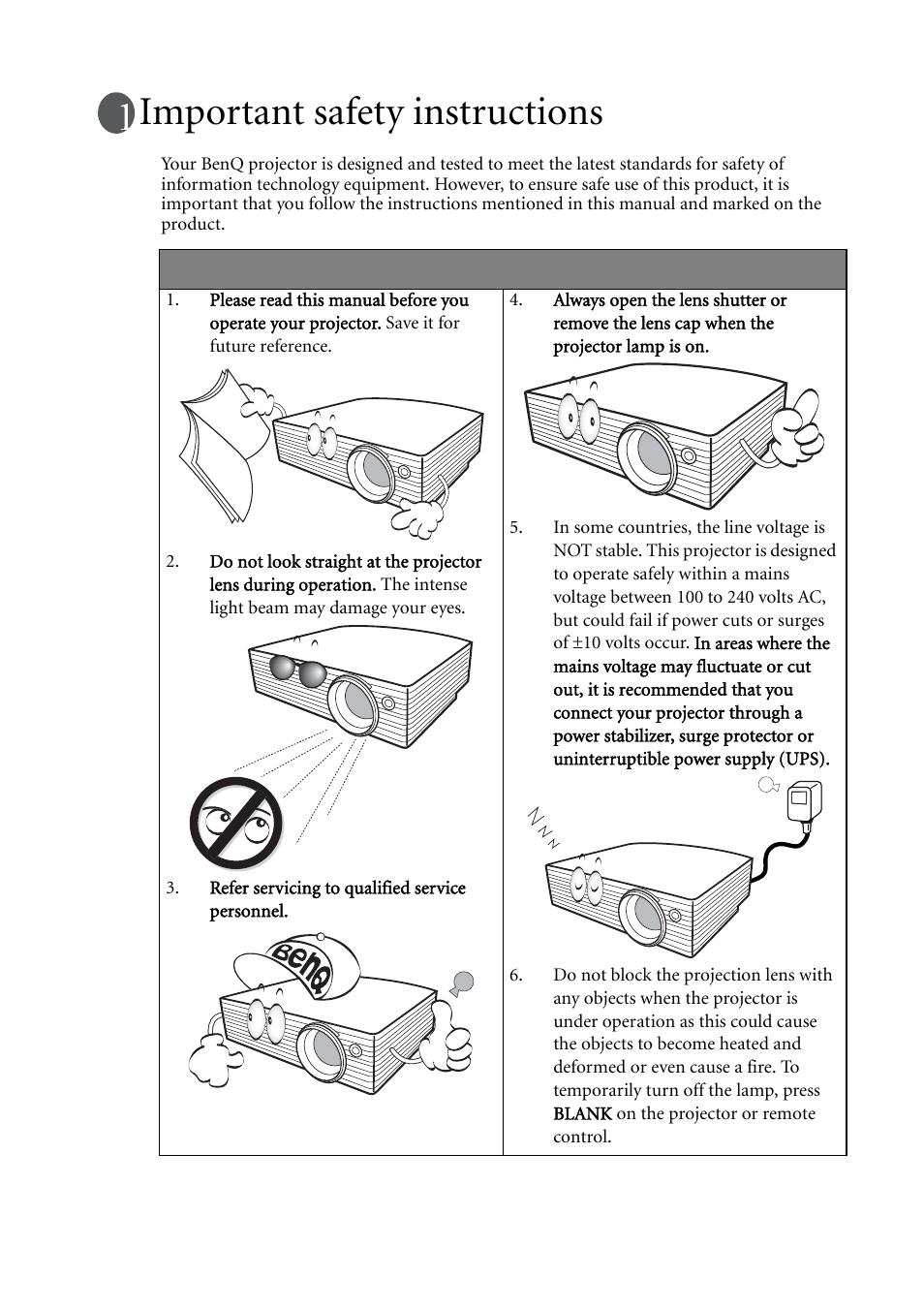 Important safety instructions | BenQ MP620C User Manual | Page 5 / 62